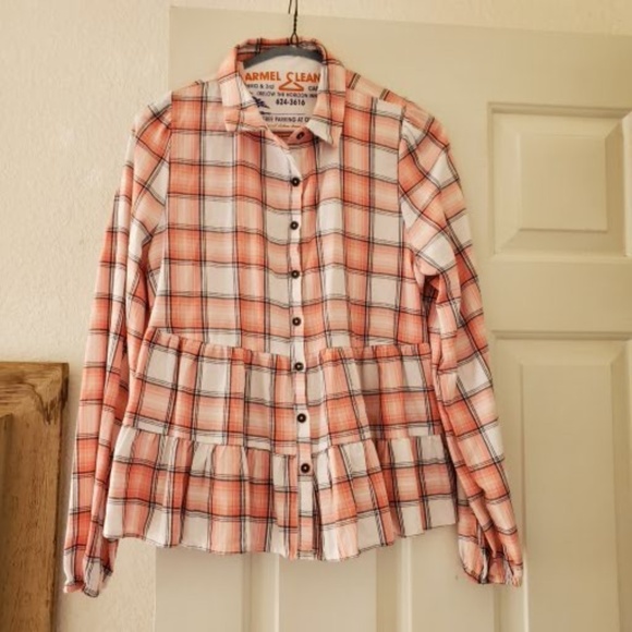 Blue Rain Tops - Blue Rain Pink Coral White Babydoll Peplum Style Button Down Long Sleeve Top MED